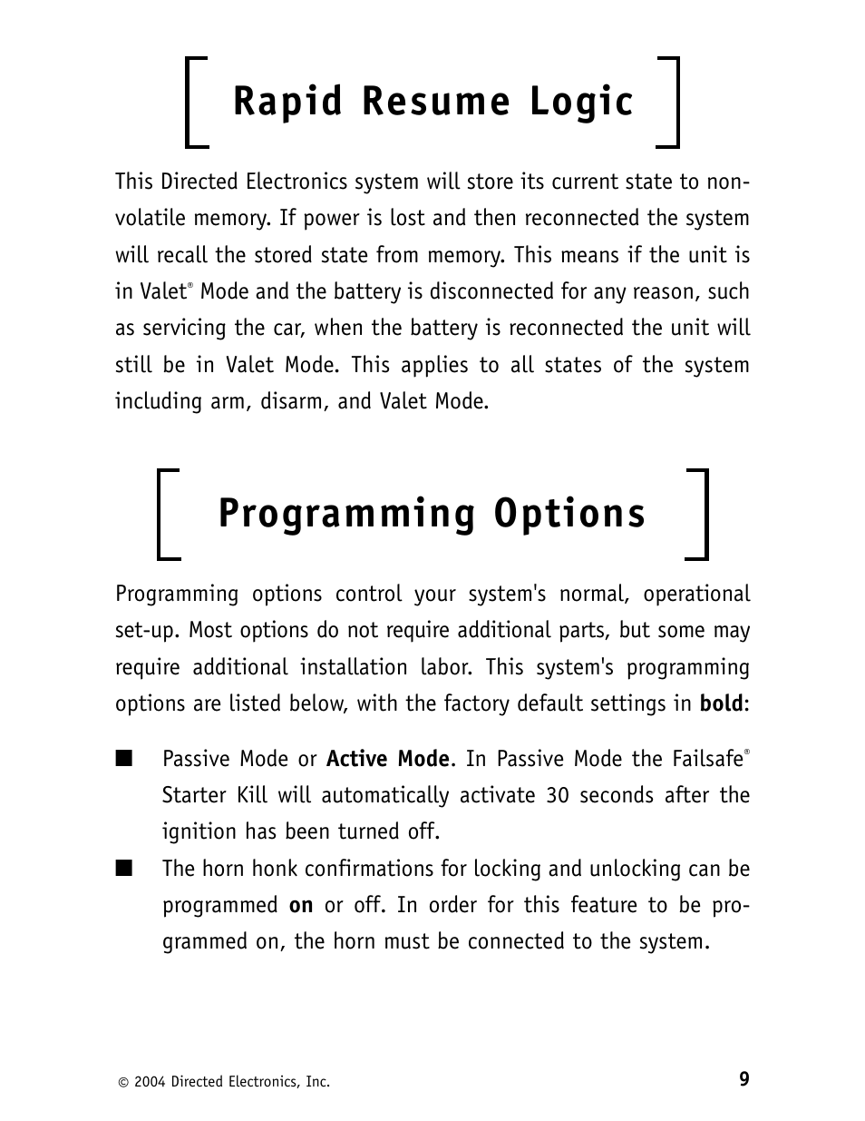 Rapid resume logic, Programming options | CLIFFORD G5 11CX 562C User Manual | Page 13 / 20