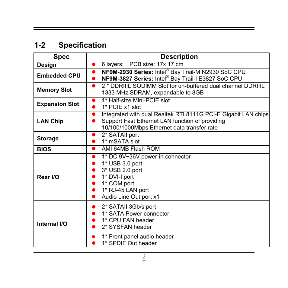 2 specification, Spec, Description | Jetway Computer NF9M User Manual | Page 7 / 50