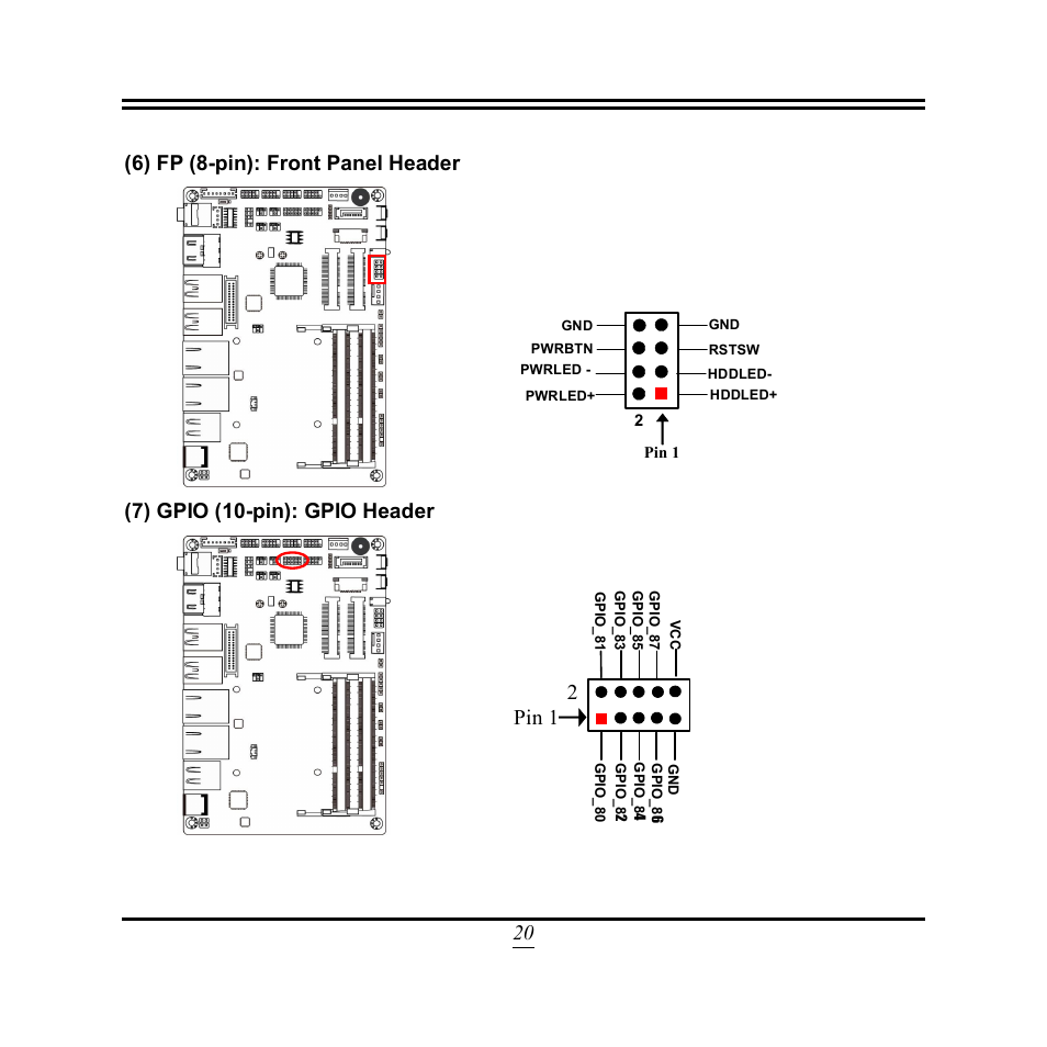 20 (6) fp (8-pin): front panel header, 7) gpio (10-pin): gpio header, 2pin 1 | Jetway Computer NF3E User Manual | Page 25 / 52
