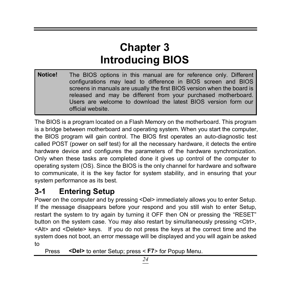 Chapter 3, Introducing bios, 1 entering setup | Chapter 3 introducing bios | Jetway Computer NF3E User Manual | Page 29 / 52