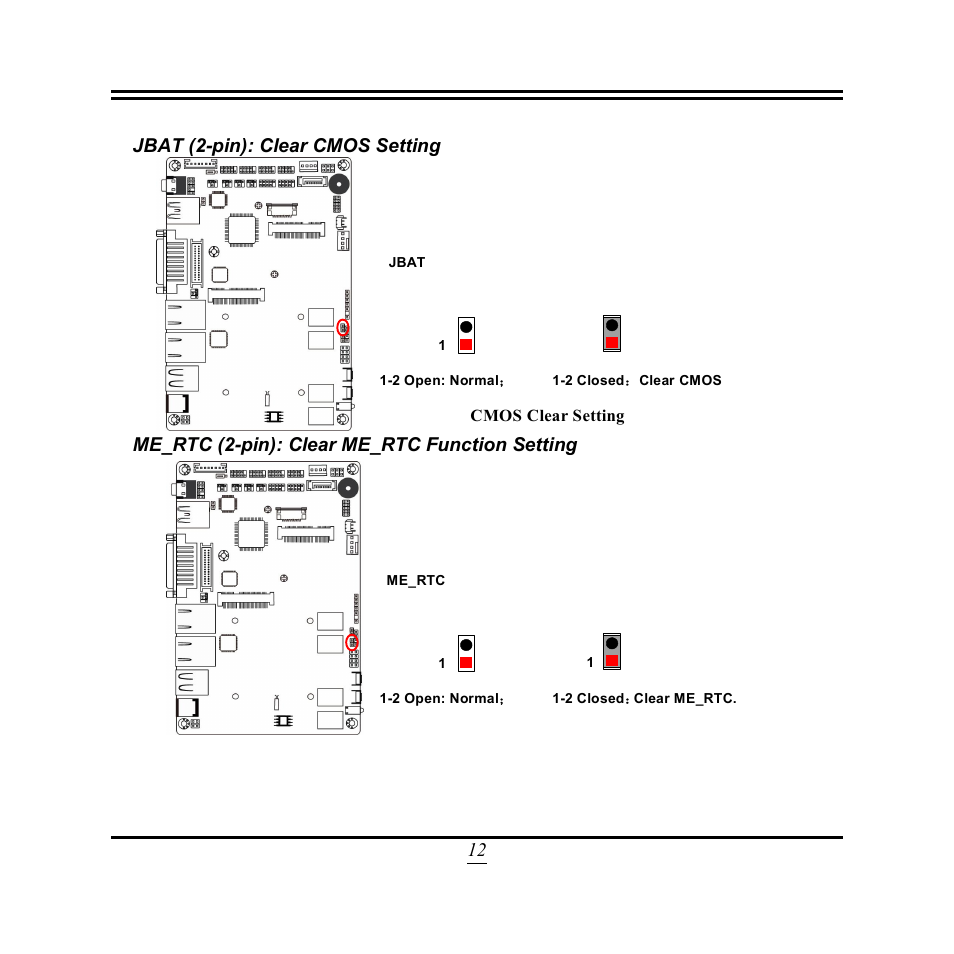 12 jbat (2-pin): clear cmos setting, Me_rtc (2-pin): clear me_rtc function setting | Jetway Computer NF3D User Manual | Page 17 / 50