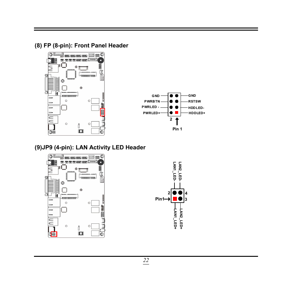 22 (8) fp (8-pin): front panel header, 9)jp9 (4-pin): lan activity led header | Jetway Computer NF3D User Manual | Page 27 / 50