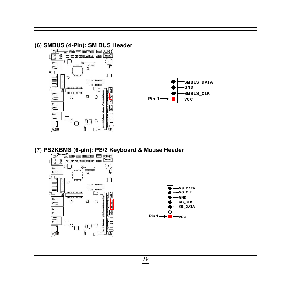 19 (6) smbus (4-pin): sm bus header, 7) ps2kbms (6-pin): ps/2 keyboard & mouse header | Jetway Computer NF3A User Manual | Page 24 / 48
