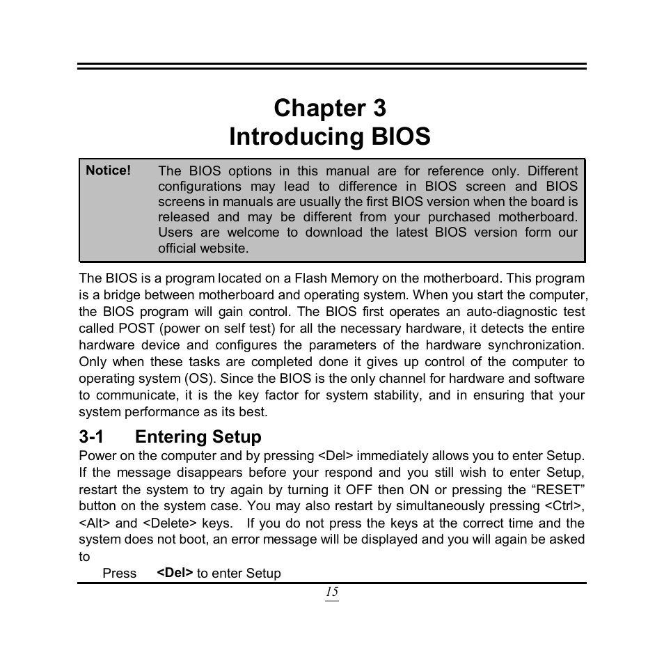 Chapter 3, Introducing bios, 1 entering setup | Chapter 3 introducing bios | Jetway Computer NU93 User Manual | Page 20 / 38