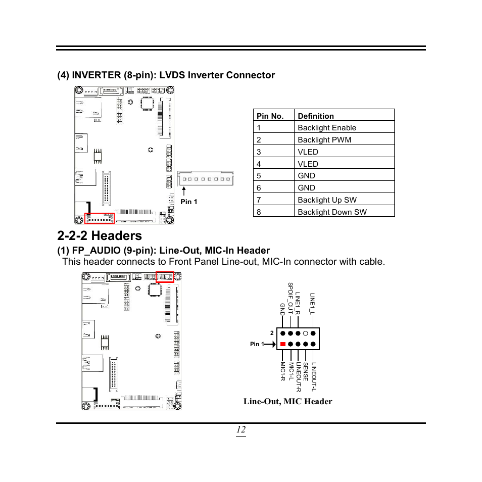 2-2 headers, 12 (4) inverter (8-pin): lvds inverter connector, Line-out, mic header | Jetway Computer NP93 User Manual | Page 17 / 39