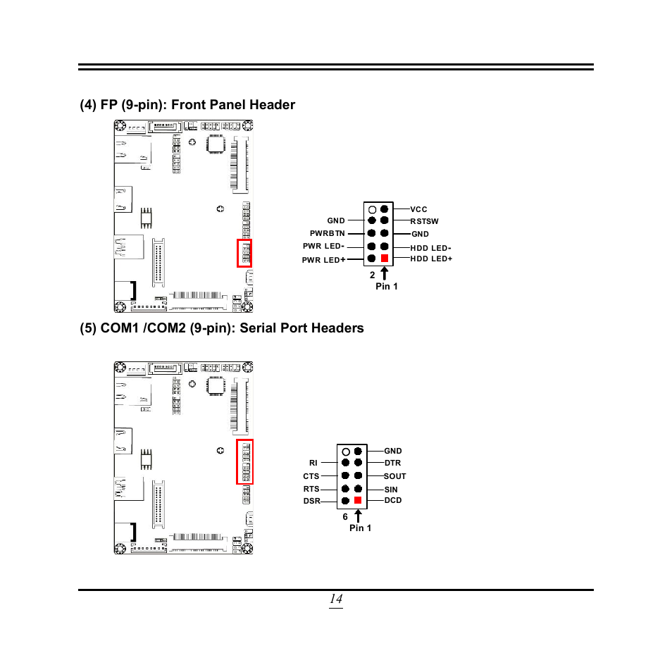 14 (4) fp (9-pin): front panel header, 5) com1 /com2 (9-pin): serial port headers | Jetway Computer NP93 User Manual | Page 19 / 39