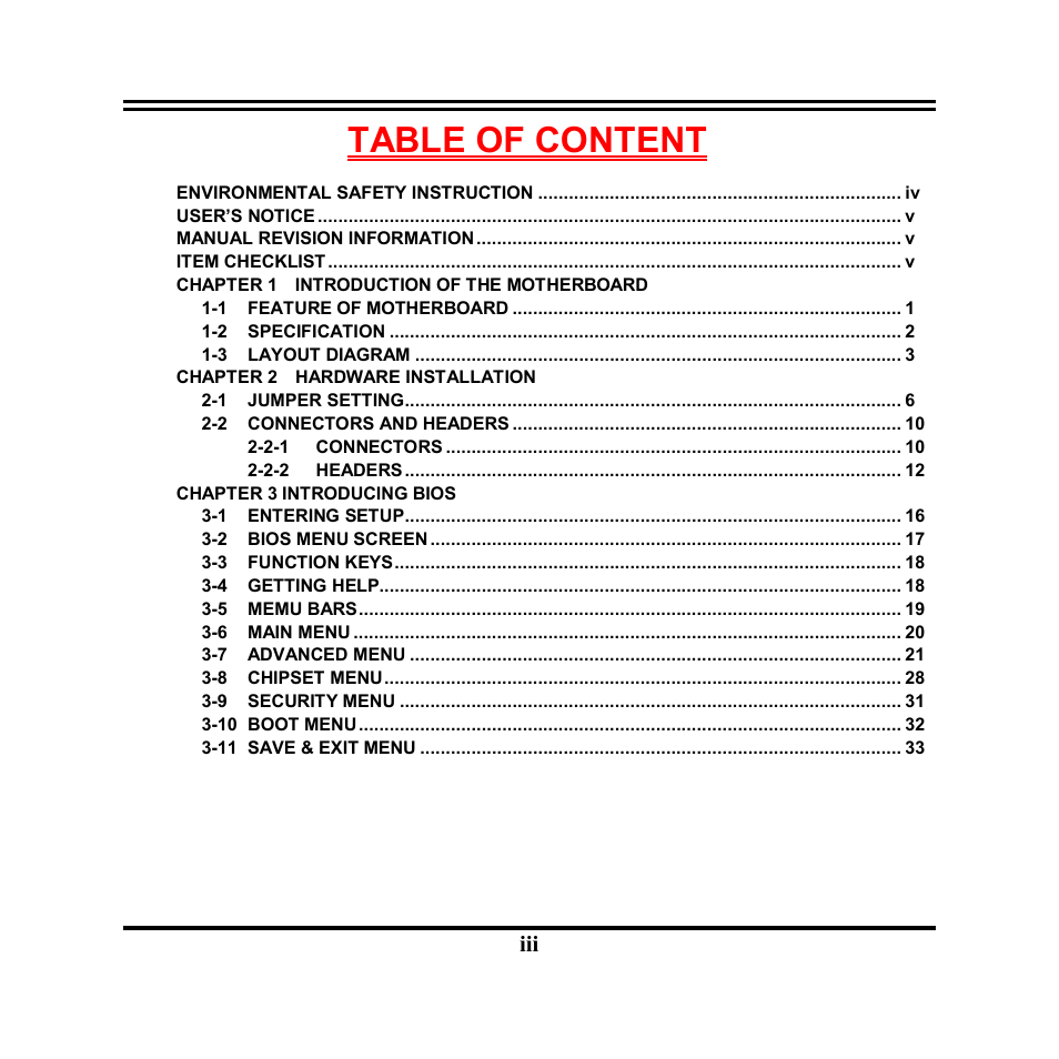 Table of content | Jetway Computer NP93 User Manual | Page 3 / 39