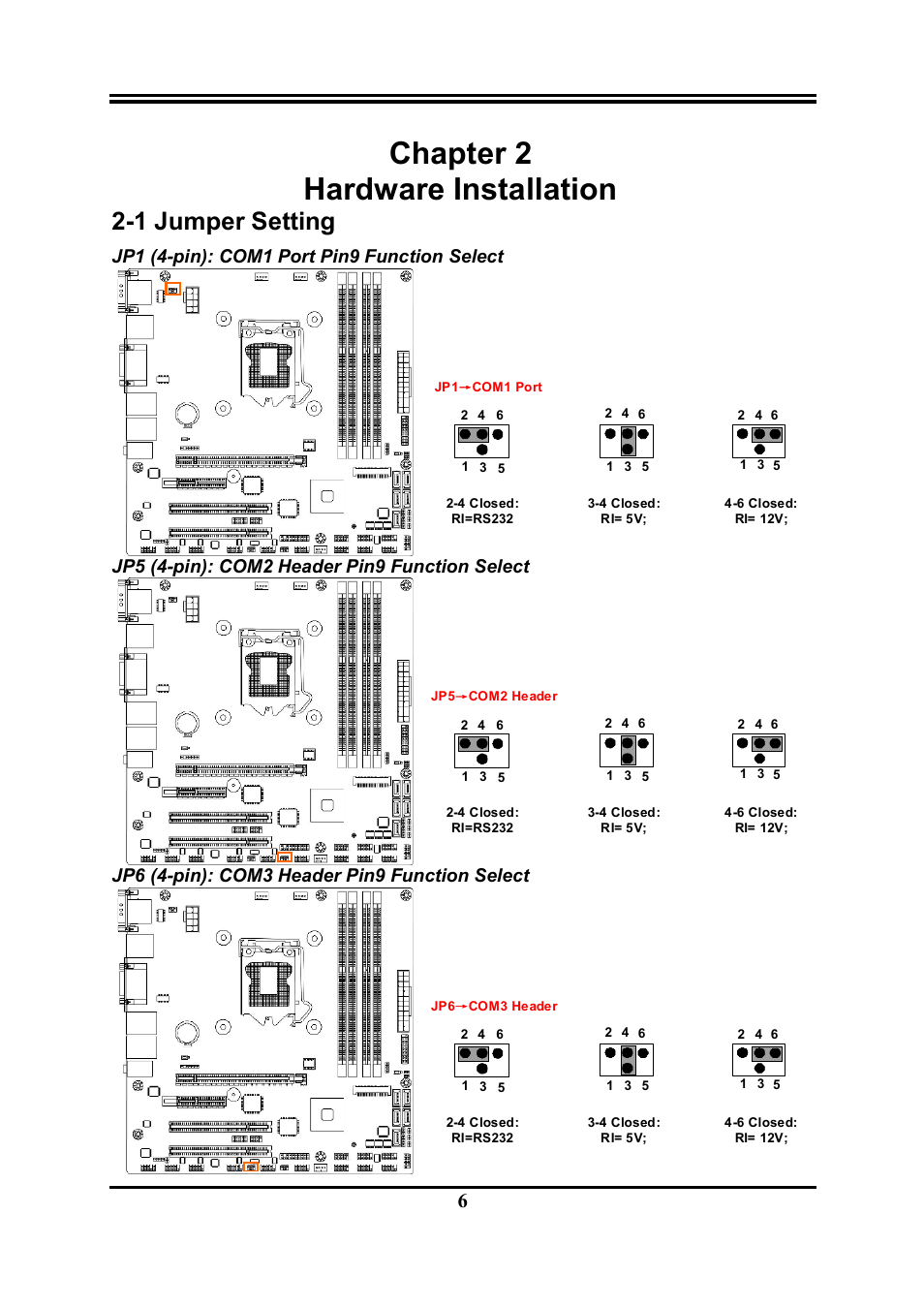 Chapter 2 hardware installation, 1 jumper setting, Jp1 (4-pin): com1 port pin9 function select | Jp5 (4-pin): com2 header pin9 function select, Jp6 (4-pin): com3 header pin9 function select | Jetway Computer NMF95-Q87 User Manual | Page 10 / 37