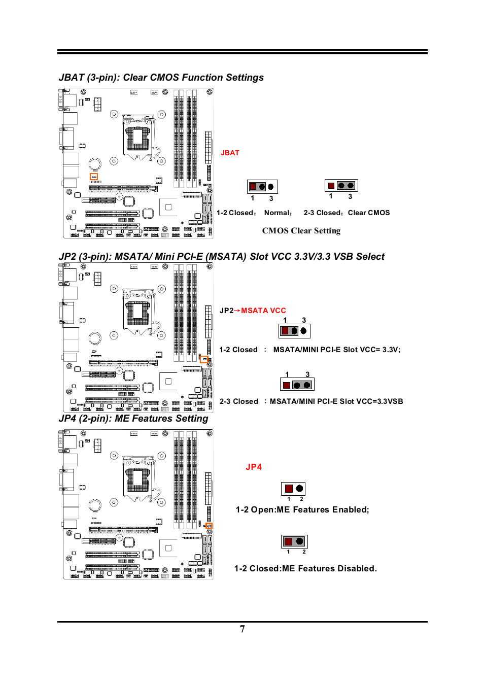 Jbat (3-pin): clear cmos function settings, Jp4 (2-pin): me features setting | Jetway Computer NMF95-Q87 User Manual | Page 11 / 37