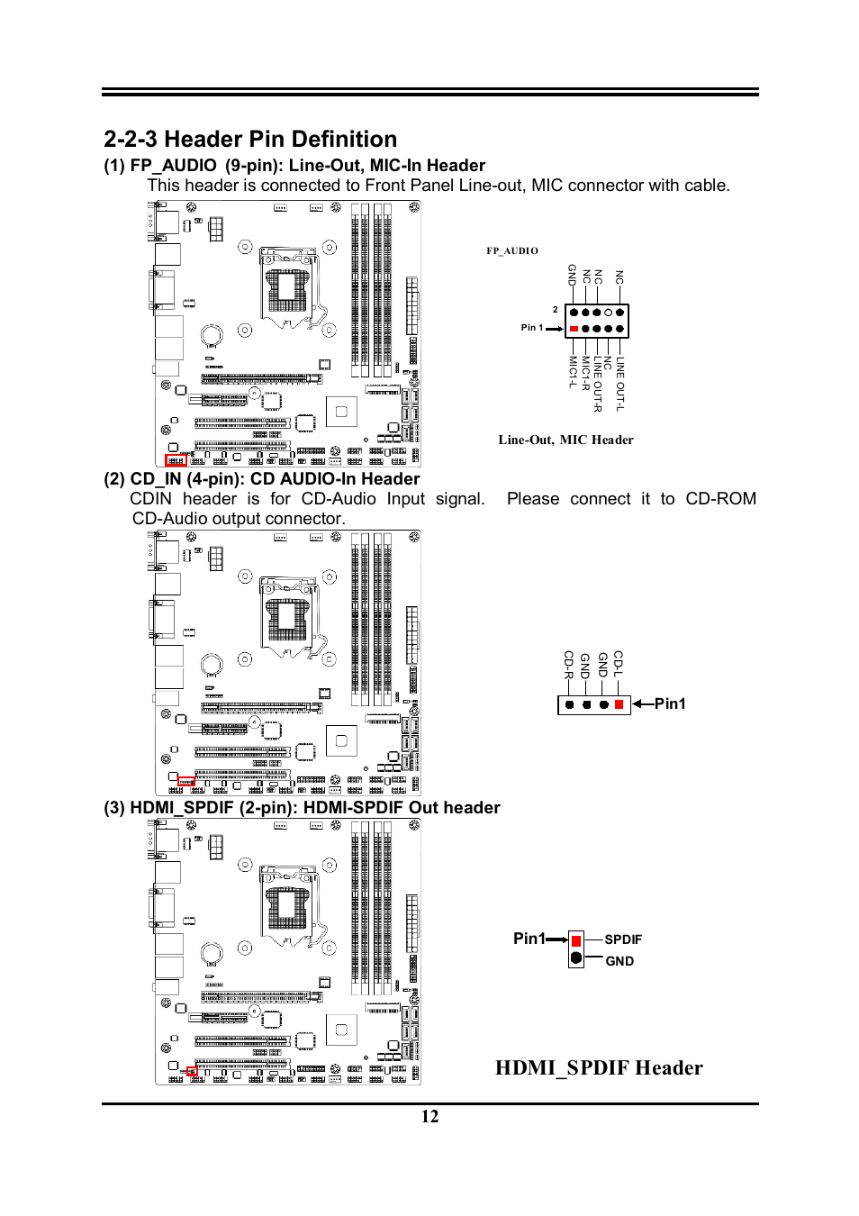 2-3 header pin definition, Hdmi_spdif header, 3) hdmi_spdif (2-pin): hdmi-spdif out header | Pin1 | Jetway Computer NMF95-Q87 User Manual | Page 16 / 37