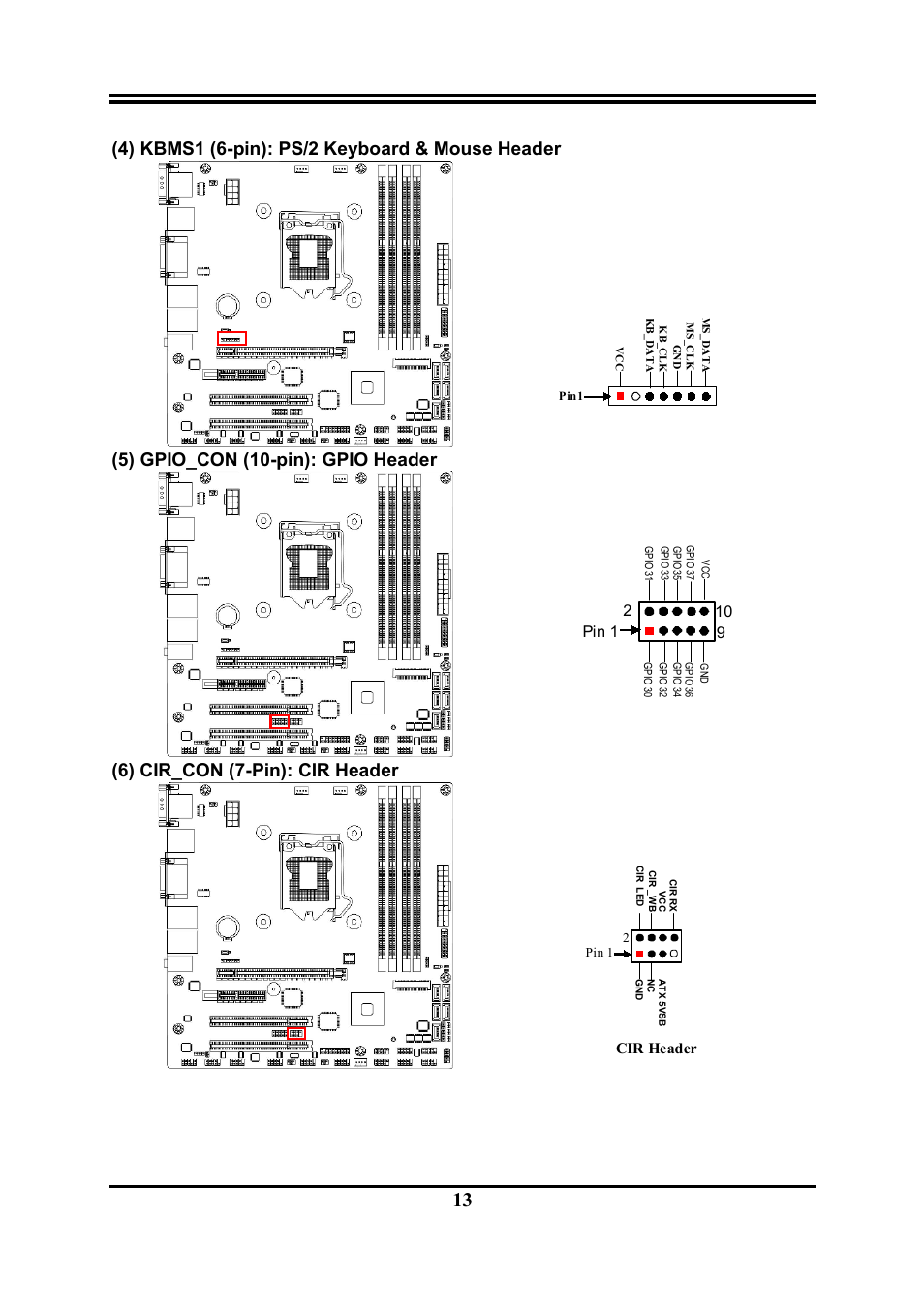 4) kbms1 (6-pin): ps/2 keyboard & mouse header, 5) gpio_con (10-pin): gpio header, 6) cir_con (7-pin): cir header | 2pin 1 10, Cir header | Jetway Computer NMF95-Q87 User Manual | Page 17 / 37