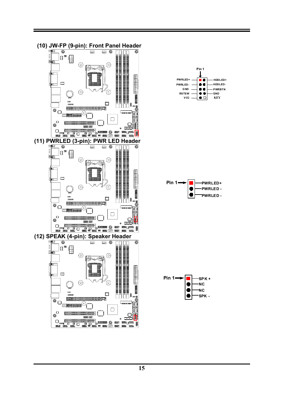 10) jw-fp (9-pin): front panel header, 11) pwrled (3-pin): pwr led header, 12) speak (4-pin): speaker header | Jetway Computer NMF95-Q87 User Manual | Page 19 / 37