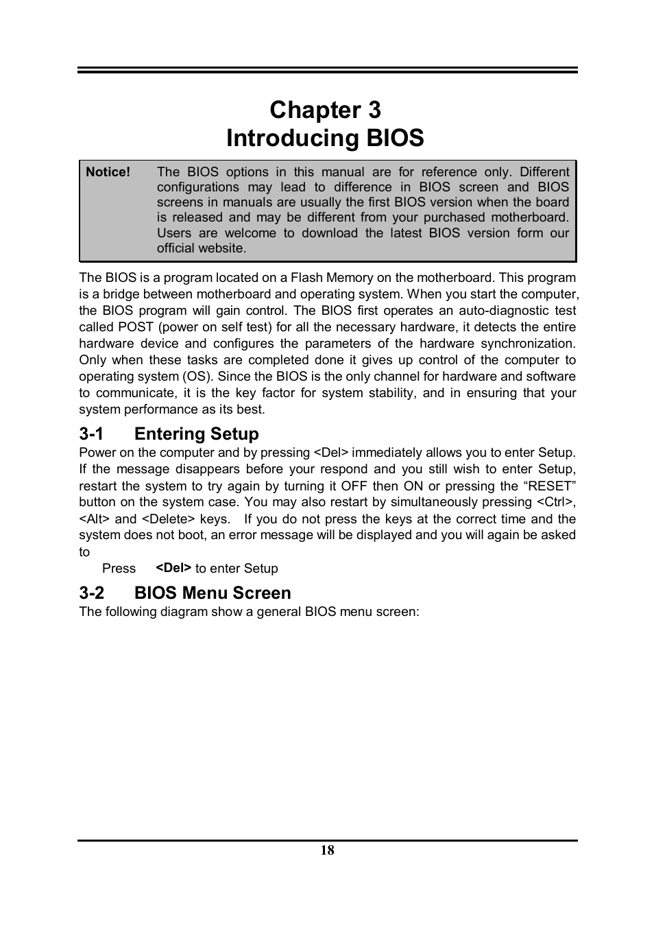 Chapter 3 introducing bios, 1 entering setup, 2 bios menu screen | Jetway Computer NMF95-Q87 User Manual | Page 22 / 37