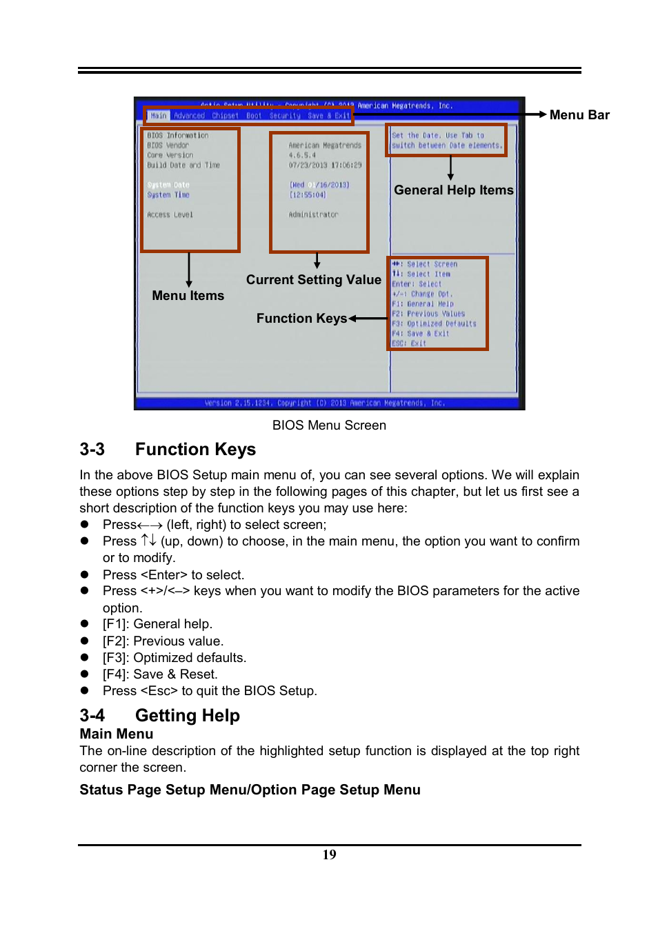 3 function keys, 4 getting help | Jetway Computer NMF95-Q87 User Manual | Page 23 / 37