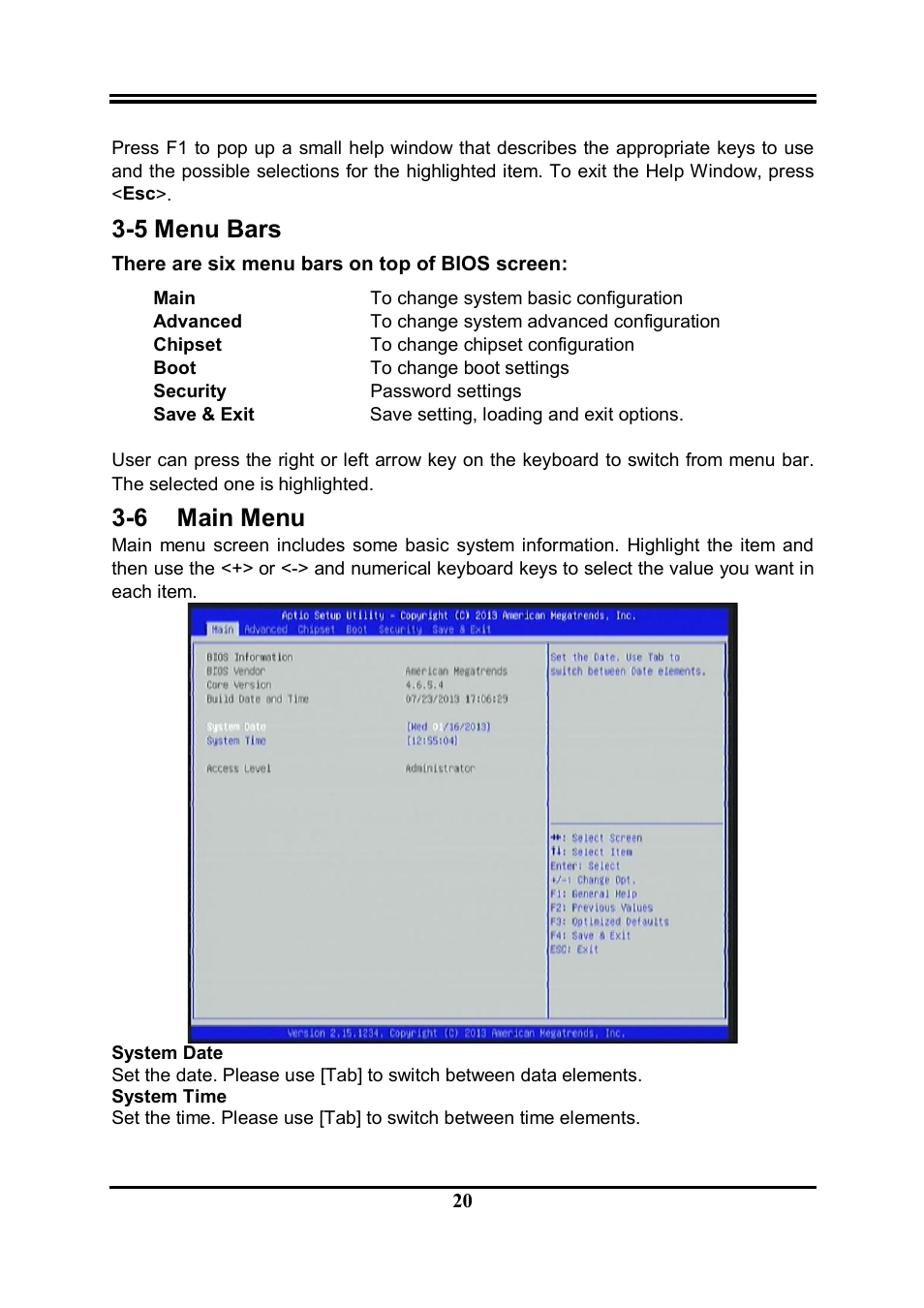 5 menu bars, 6 main menu | Jetway Computer NMF95-Q87 User Manual | Page 24 / 37