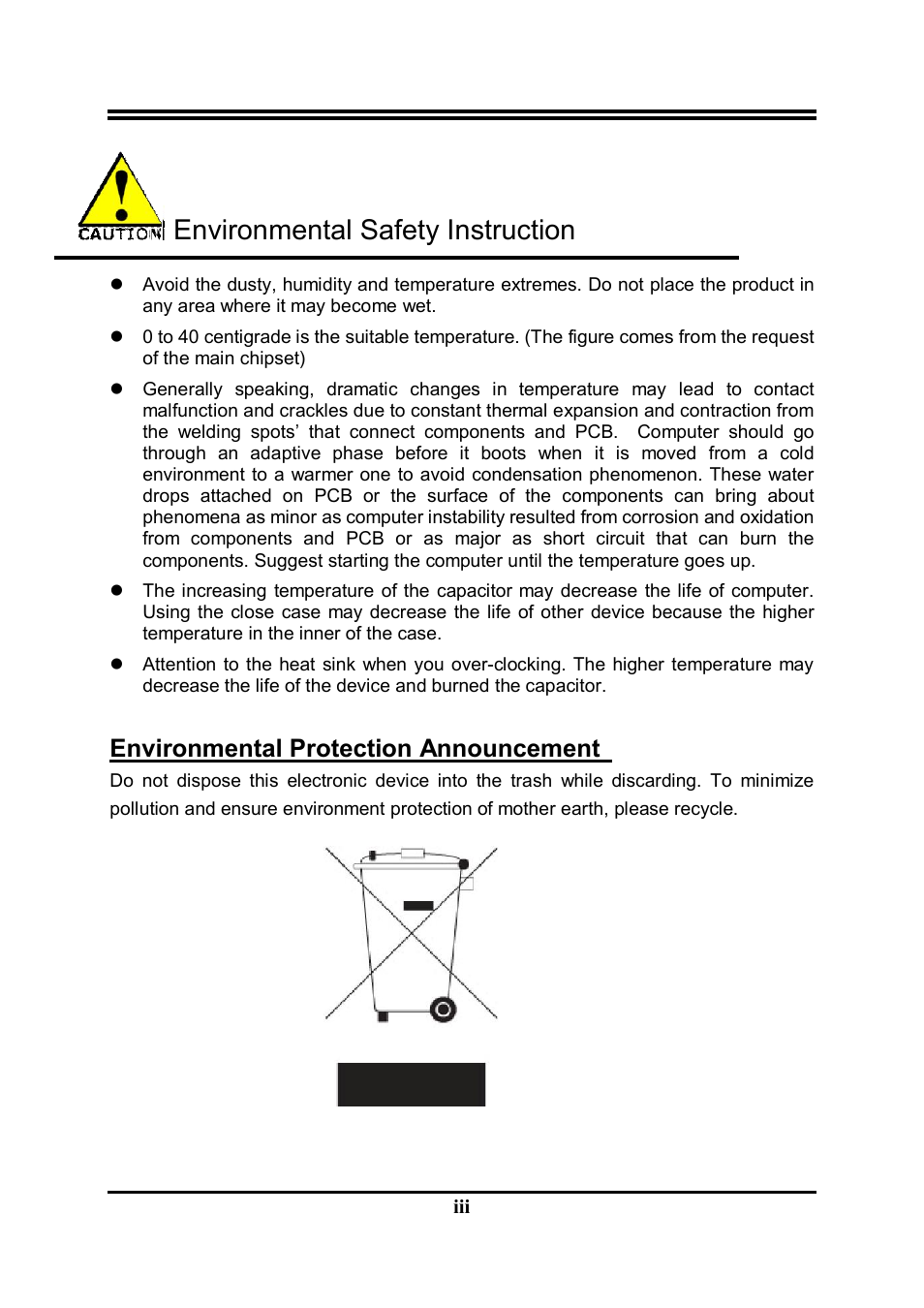 Environmental safety instruction, Environmental protection announcement | Jetway Computer NMF95-Q87 User Manual | Page 3 / 37