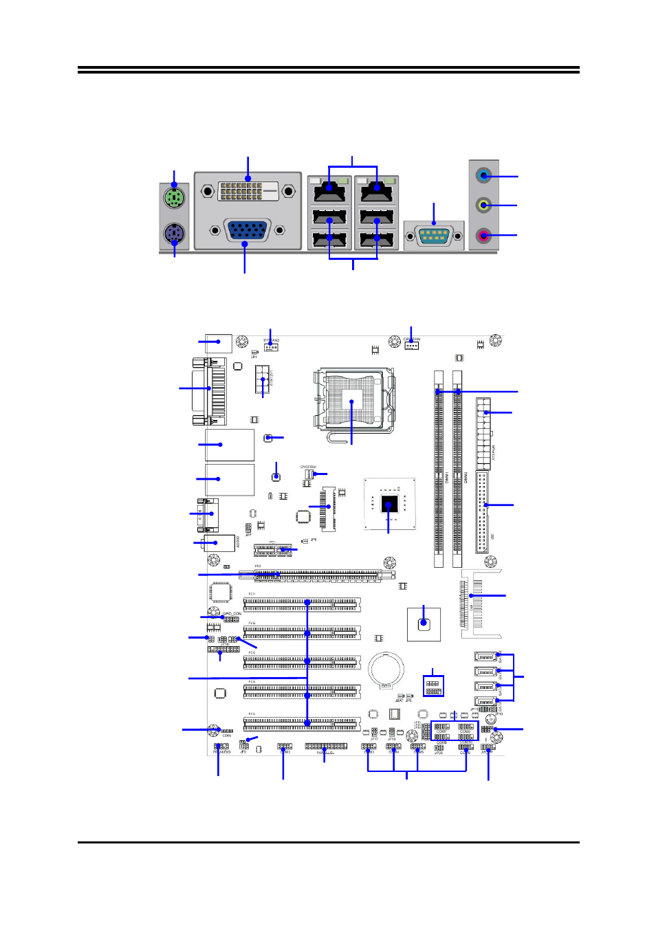 2 layout diagram rear io diagram, Motherboard internal diagram | Jetway Computer NAF91R-G41 User Manual | Page 6 / 36