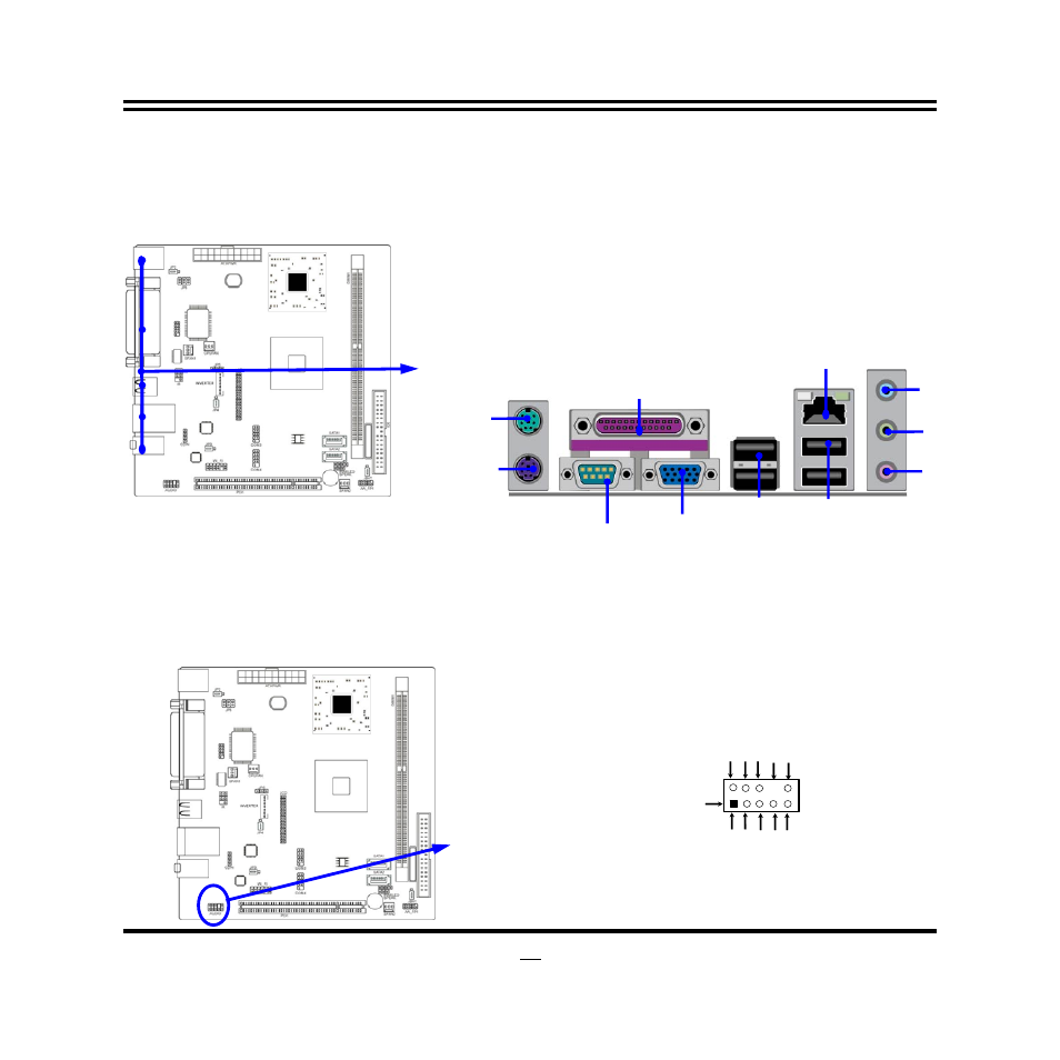 2 connectors and headers, 2-1 connectors, 1) i/o back panel connector | 2-2 headers, 2 connectors and headers 2-2-1 connectors, 1) i/o back panel connector 10, 1) front panel audio header (9-pin): audio | Jetway Computer NF77 User Manual | Page 14 / 40