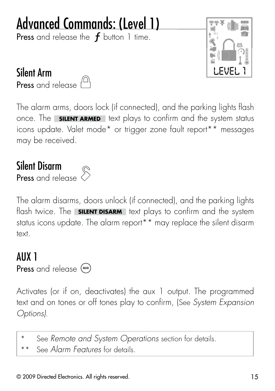 Advanced commands: (level 1), Level 1, Silent arm | Silent disarm, Aux 1 | CLIFFORD 330.3X User Manual | Page 18 / 53