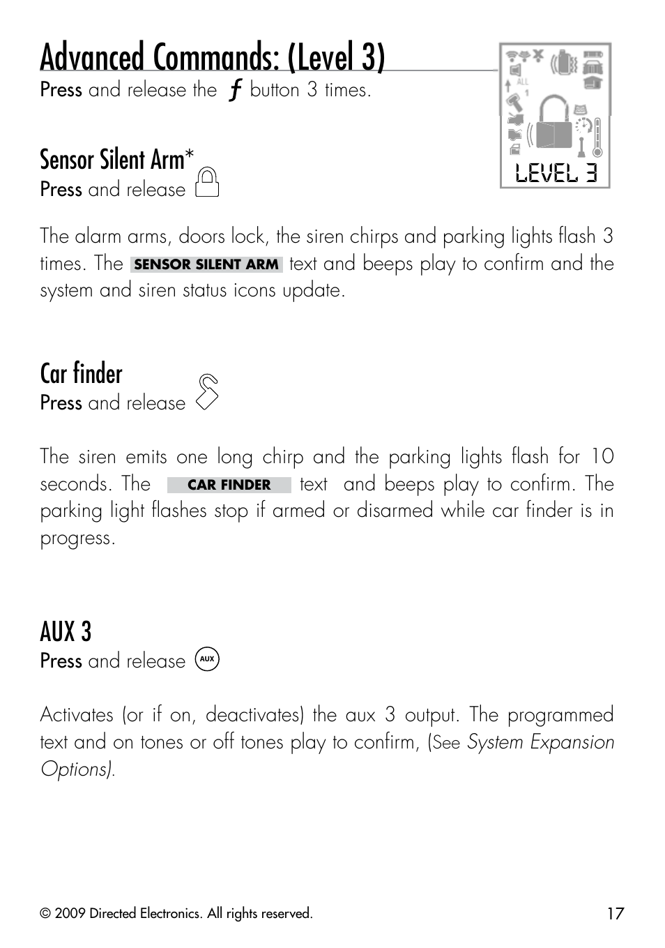 Advanced commands: (level 3), Level 3, Sensor silent arm | Car ﬁnder, Aux 3 | CLIFFORD 330.3X User Manual | Page 20 / 53