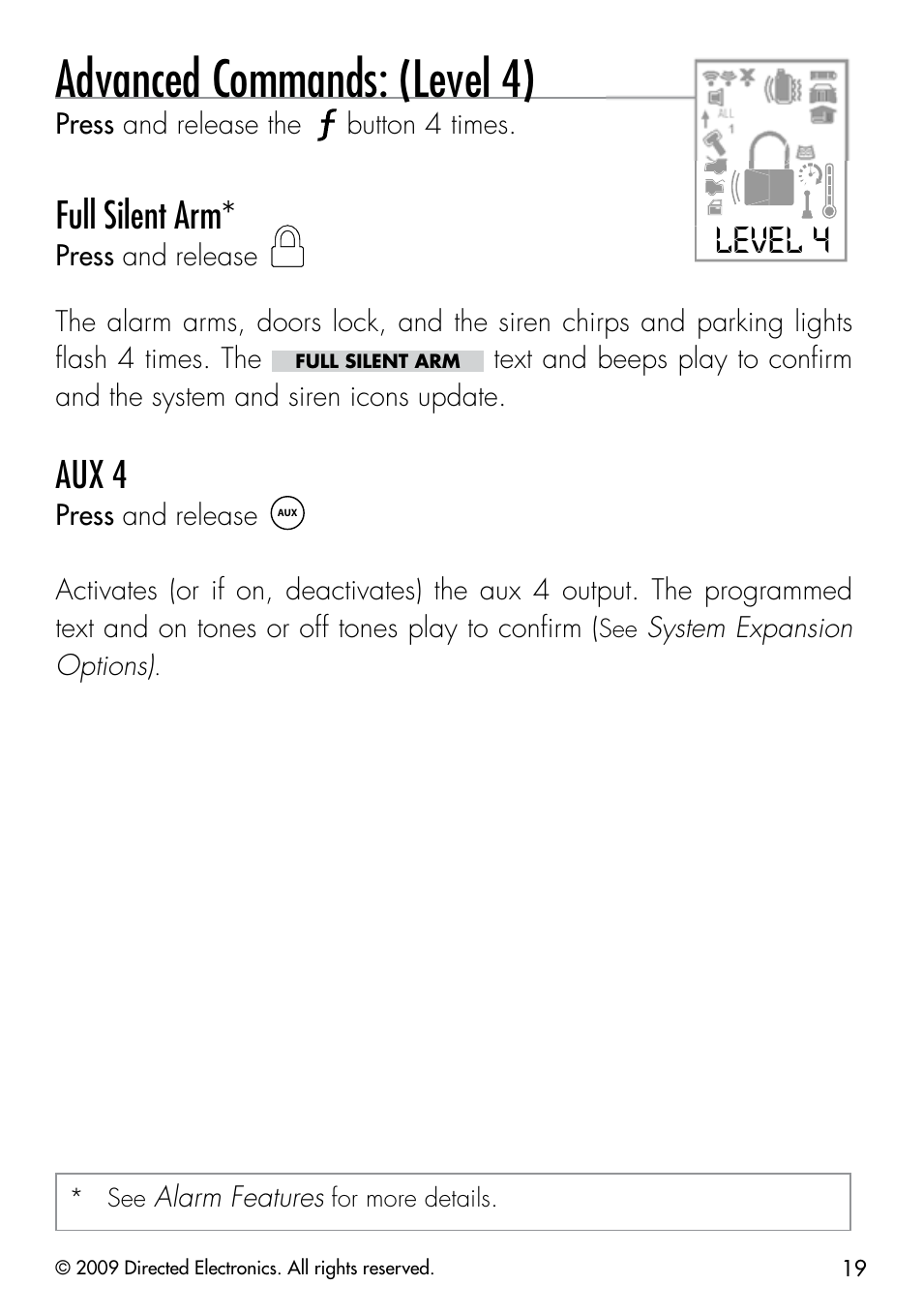Advanced commands: (level 4), Level 4, Full silent arm | Aux 4 | CLIFFORD 330.3X User Manual | Page 22 / 53