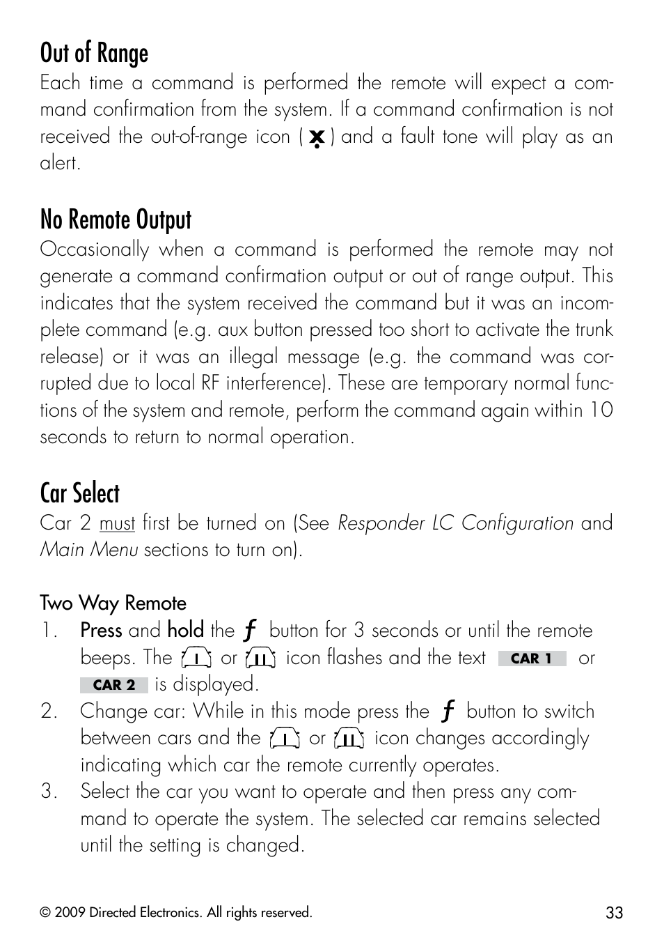 Out of range, No remote output, Car select | CLIFFORD 330.3X User Manual | Page 36 / 53