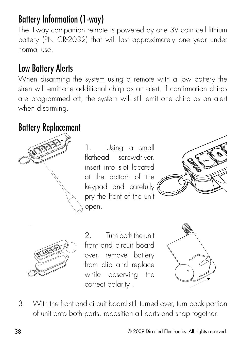Battery information (1-way), Low battery alerts, Battery replacement | CLIFFORD 330.3X User Manual | Page 41 / 53