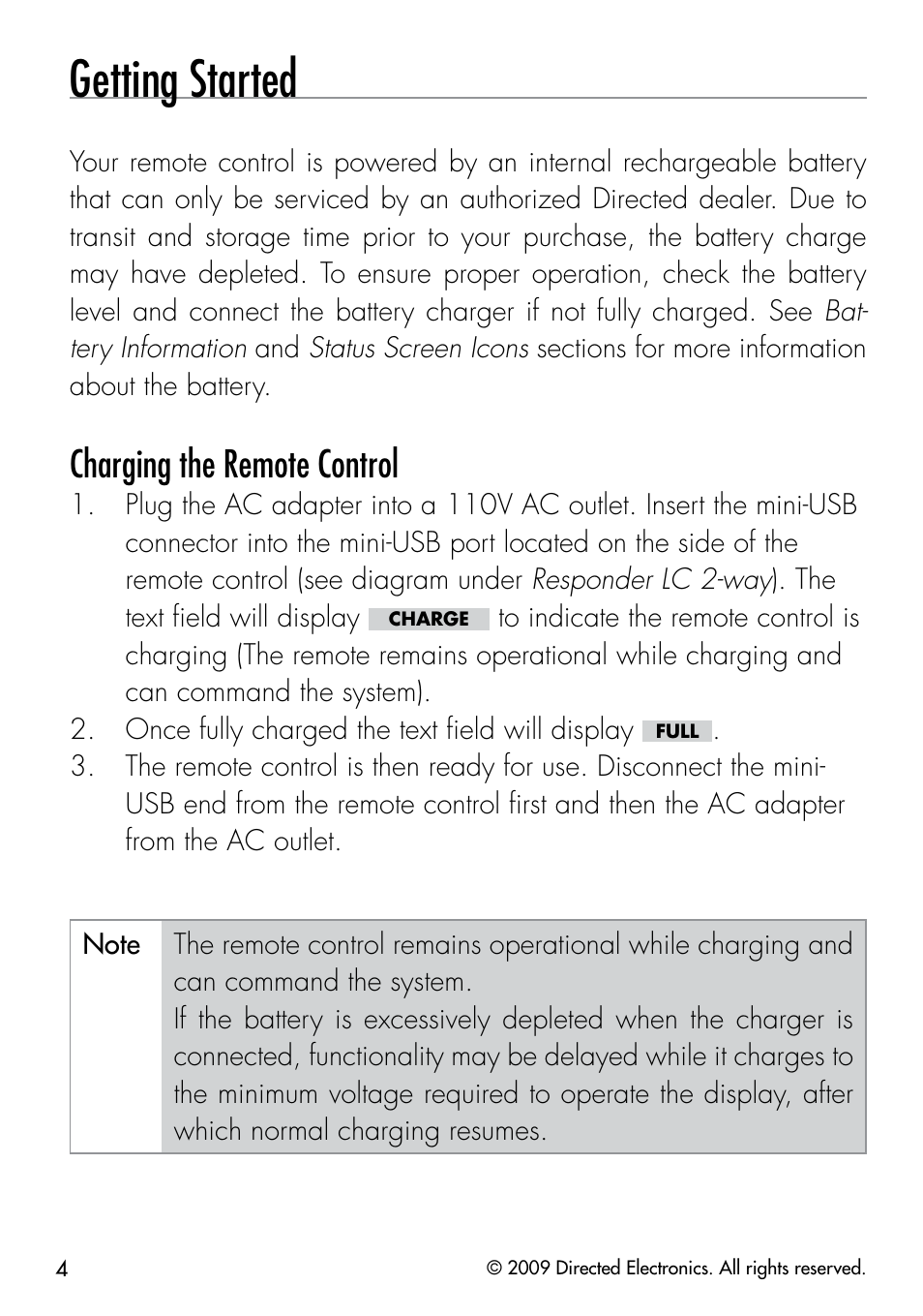 Getting started, Charging the remote control | CLIFFORD 330.3X User Manual | Page 7 / 53