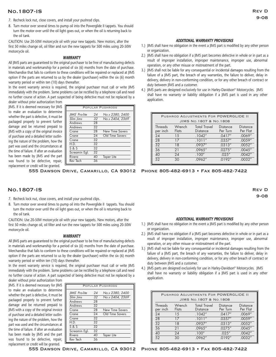 No.1807-is, Rev d 9-08 | JIMS 1807 User Manual | Page 2 / 2