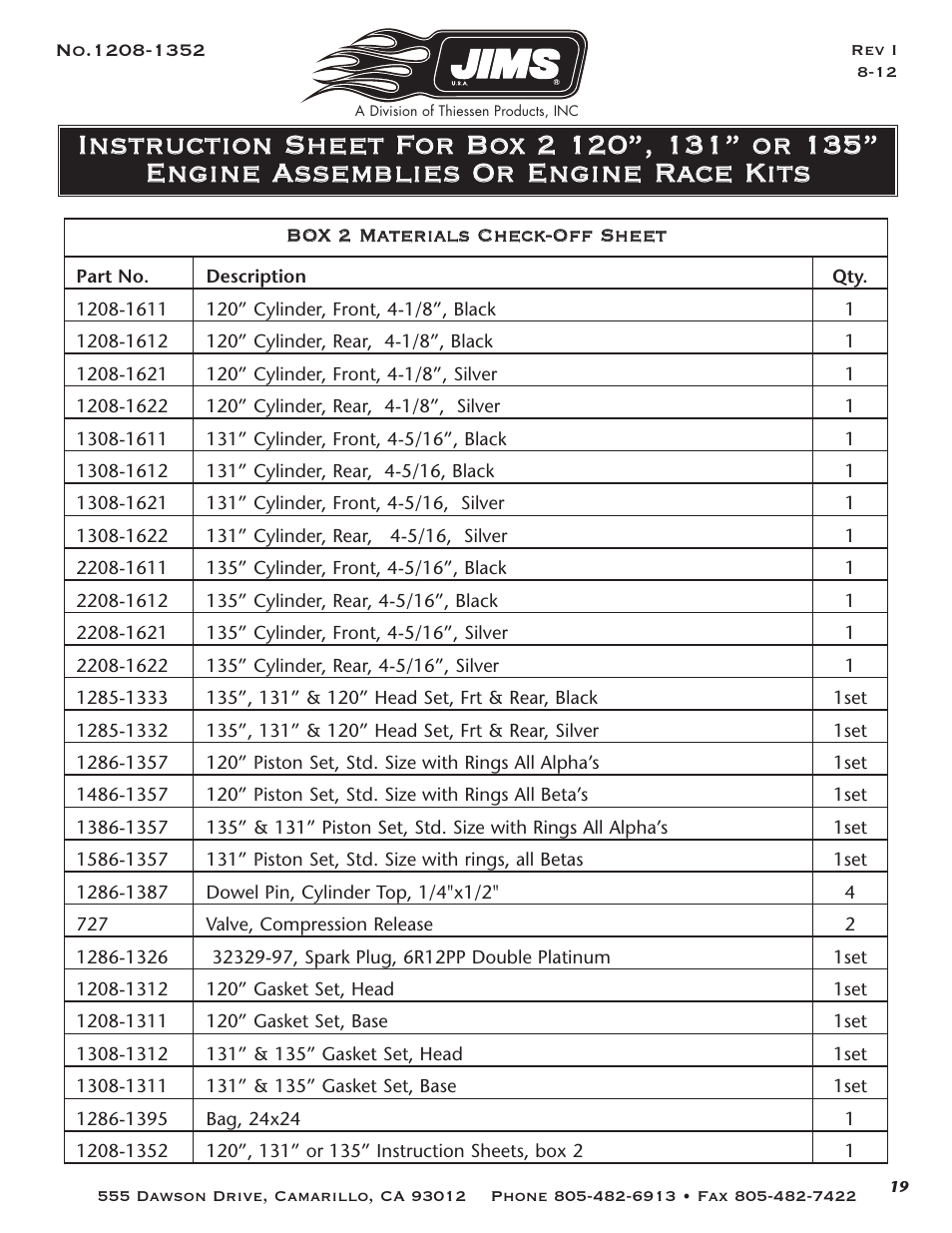 JIMS Box 2 1208-1352 (all models of 120, 131, or 135 Alpha, Beta and Evo Mount Engines) User Manual | Page 20 / 20