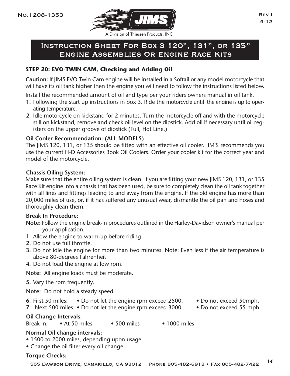 JIMS Box 3 1208-1353 (all models of 120, 131, or 135 Alpha, Beta and EVO Mount Engines (Including Kits) User Manual | Page 15 / 20