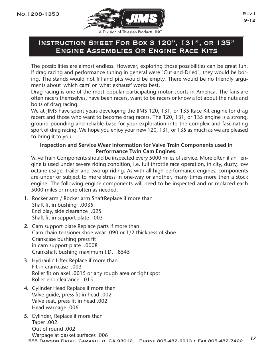 JIMS Box 3 1208-1353 (all models of 120, 131, or 135 Alpha, Beta and EVO Mount Engines (Including Kits) User Manual | Page 18 / 20