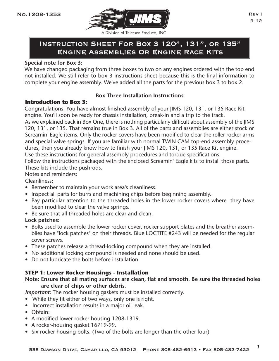JIMS Box 3 1208-1353 (all models of 120, 131, or 135 Alpha, Beta and EVO Mount Engines (Including Kits) User Manual | Page 2 / 20