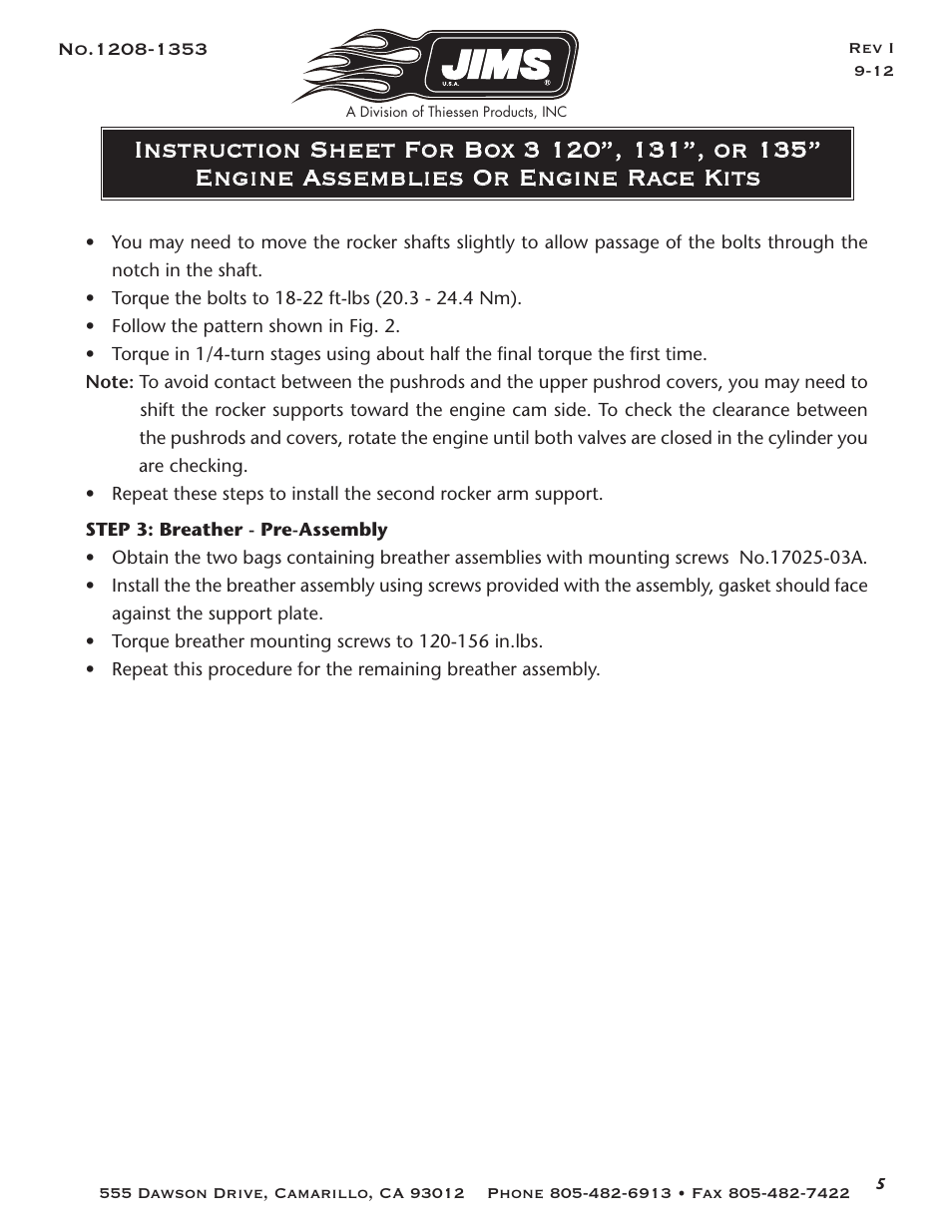 JIMS Box 3 1208-1353 (all models of 120, 131, or 135 Alpha, Beta and EVO Mount Engines (Including Kits) User Manual | Page 6 / 20