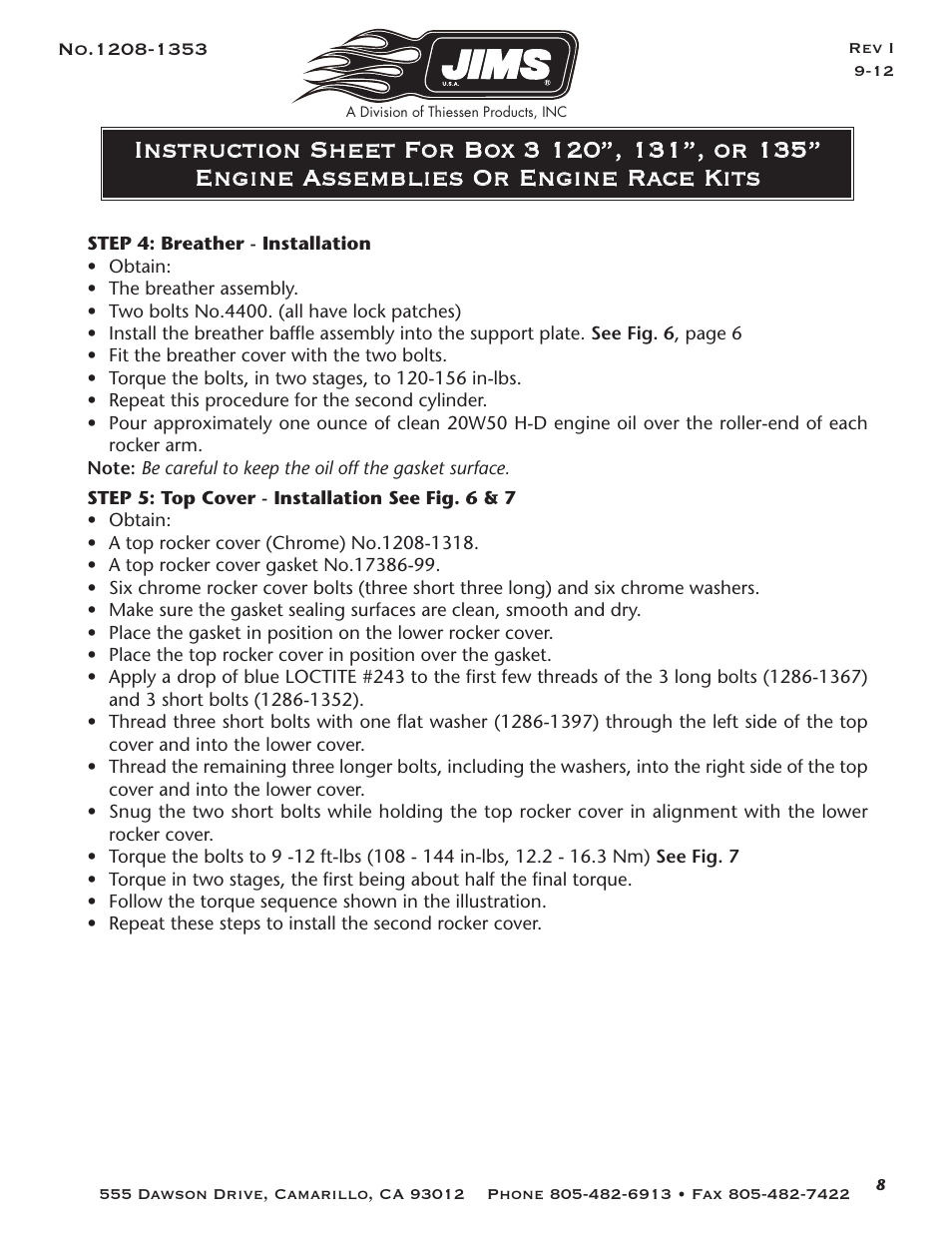 JIMS Box 3 1208-1353 (all models of 120, 131, or 135 Alpha, Beta and EVO Mount Engines (Including Kits) User Manual | Page 9 / 20