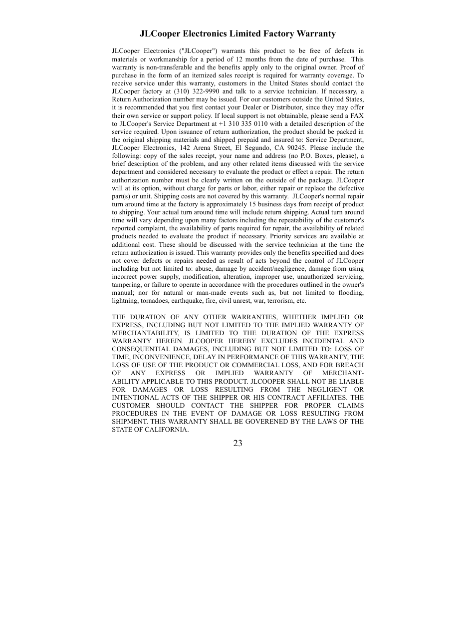 23 jlcooper electronics limited factory warranty | JLCooper KeyShot User Manual | Page 23 / 23