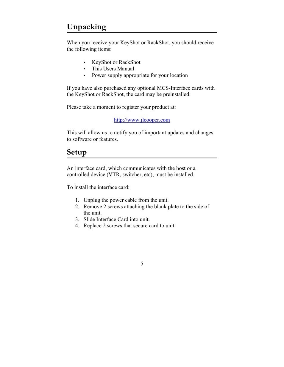 Unpacking, Setup | JLCooper KeyShot User Manual | Page 5 / 23