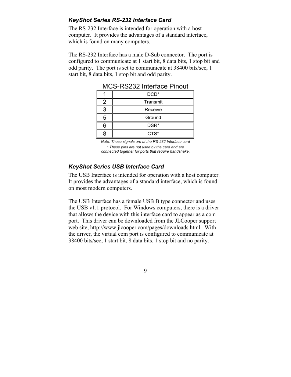Mcs-rs232 interface pinout | JLCooper KeyShot User Manual | Page 9 / 23