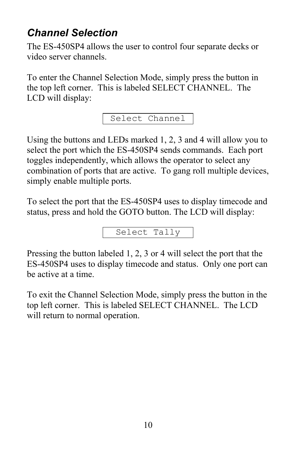 Channel selection | JLCooper ES-450SP4 User Manual | Page 10 / 19