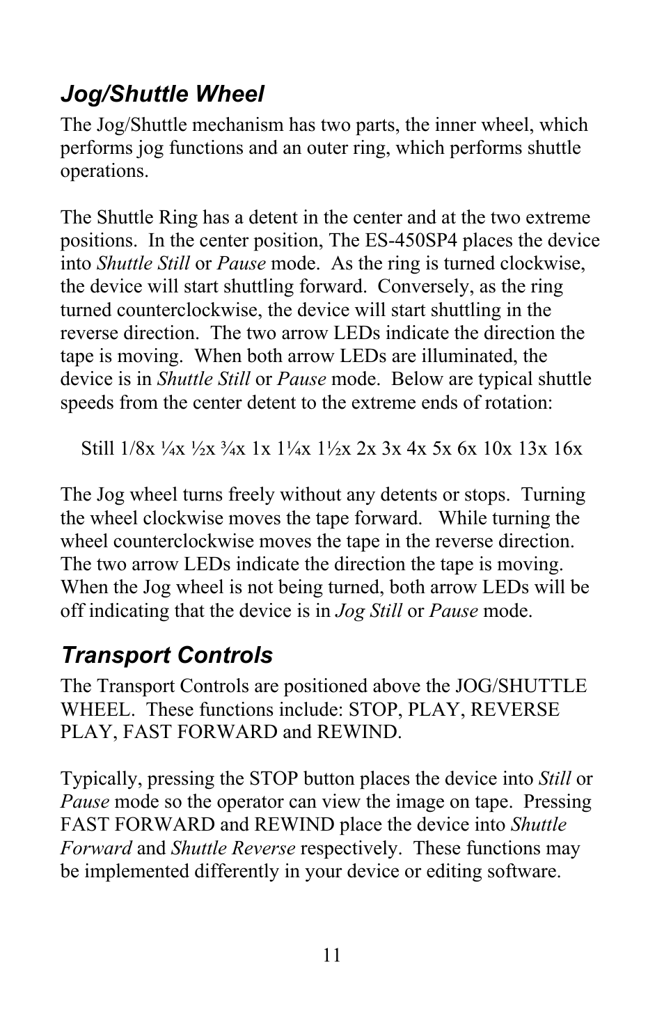 Jog/shuttle wheel, Transport controls | JLCooper ES-450SP4 User Manual | Page 11 / 19