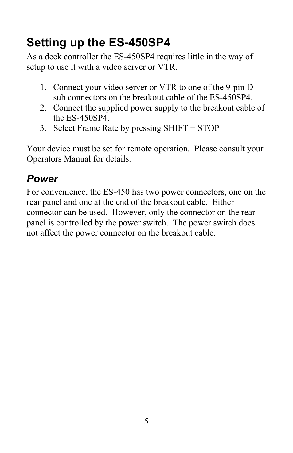 Setting up the es-450sp4, Power | JLCooper ES-450SP4 User Manual | Page 5 / 19