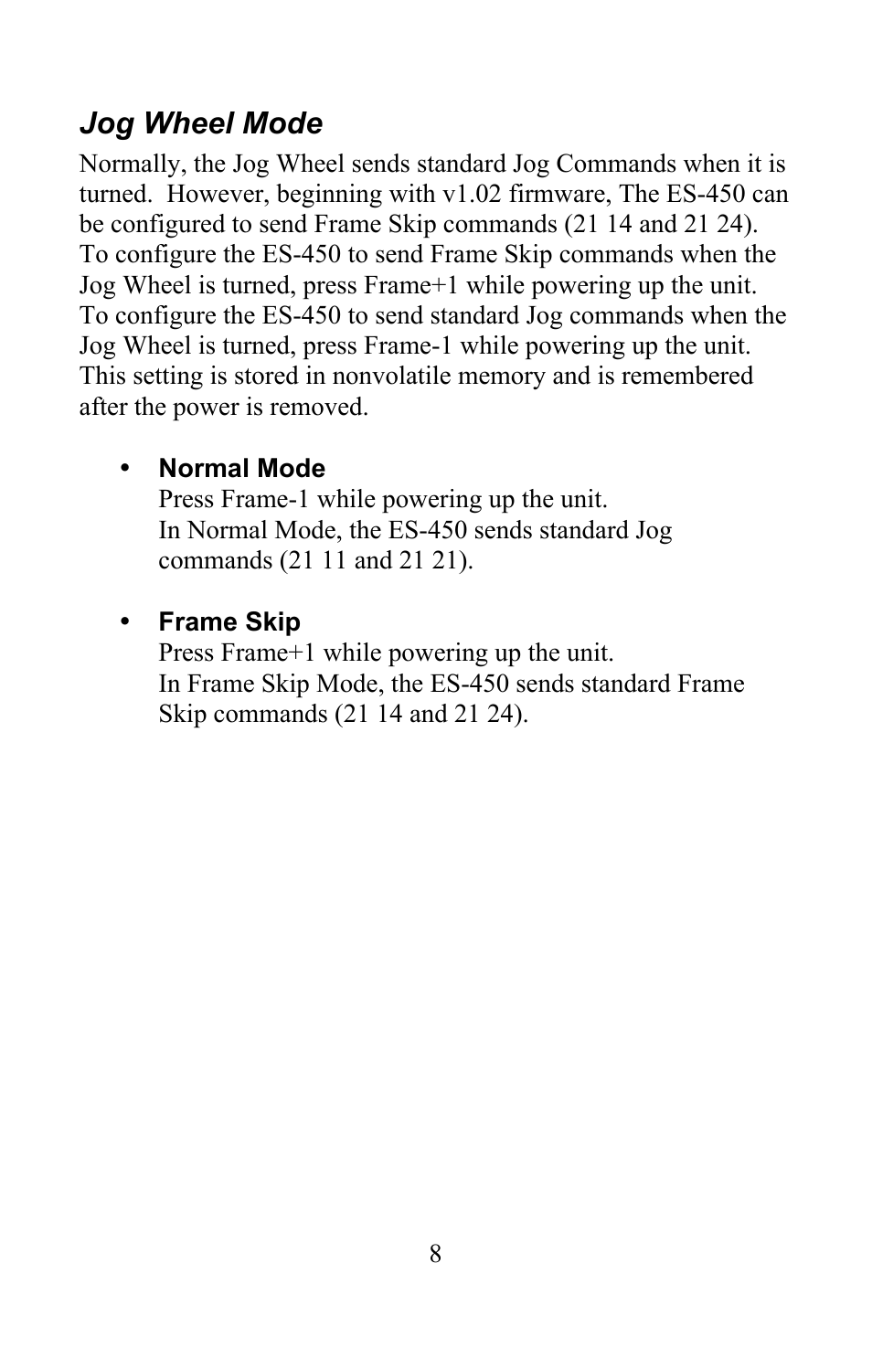 Jog wheel mode | JLCooper ES-450SP4 User Manual | Page 8 / 19