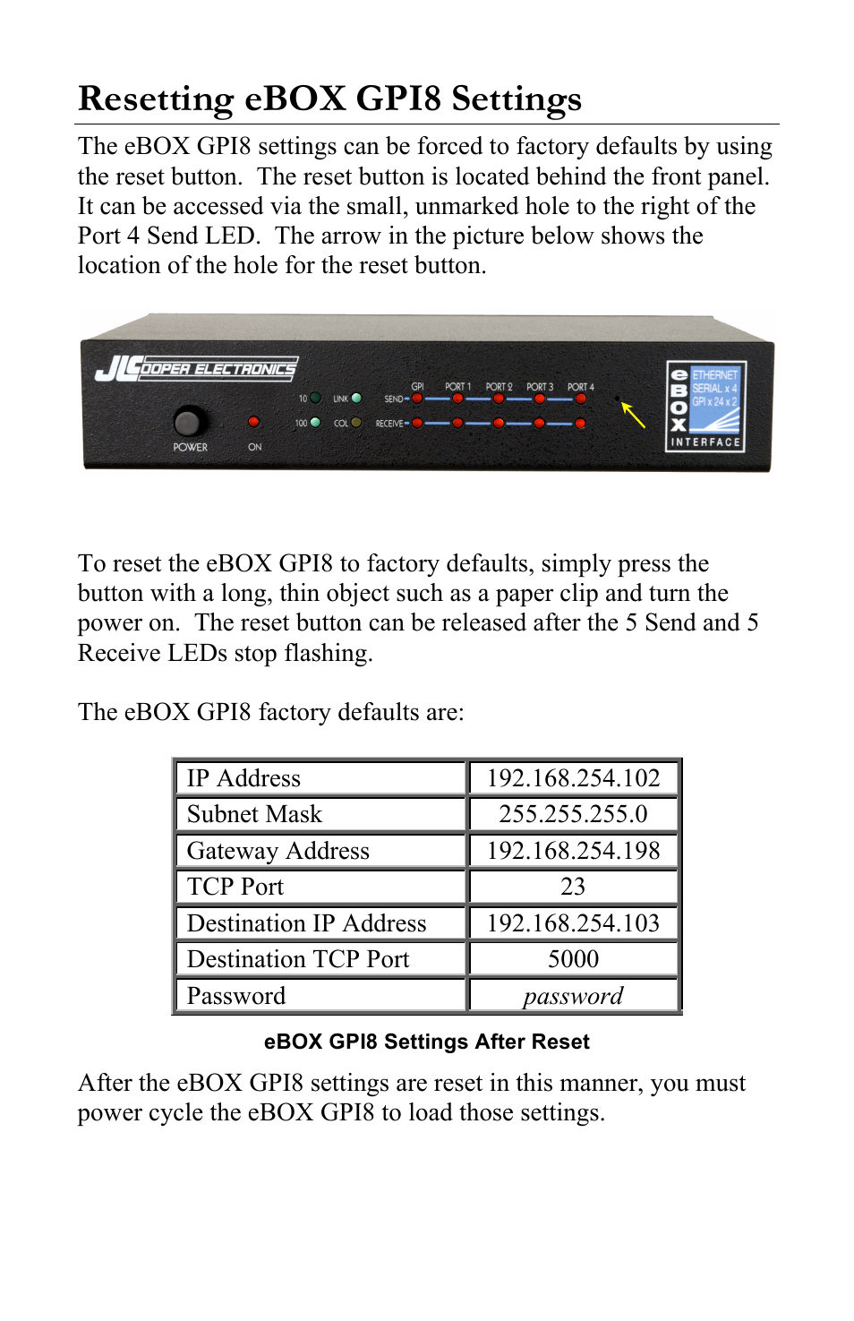 Resetting ebox gpi8 settings | JLCooper eBOX GPI8 User Manual | Page 10 / 55
