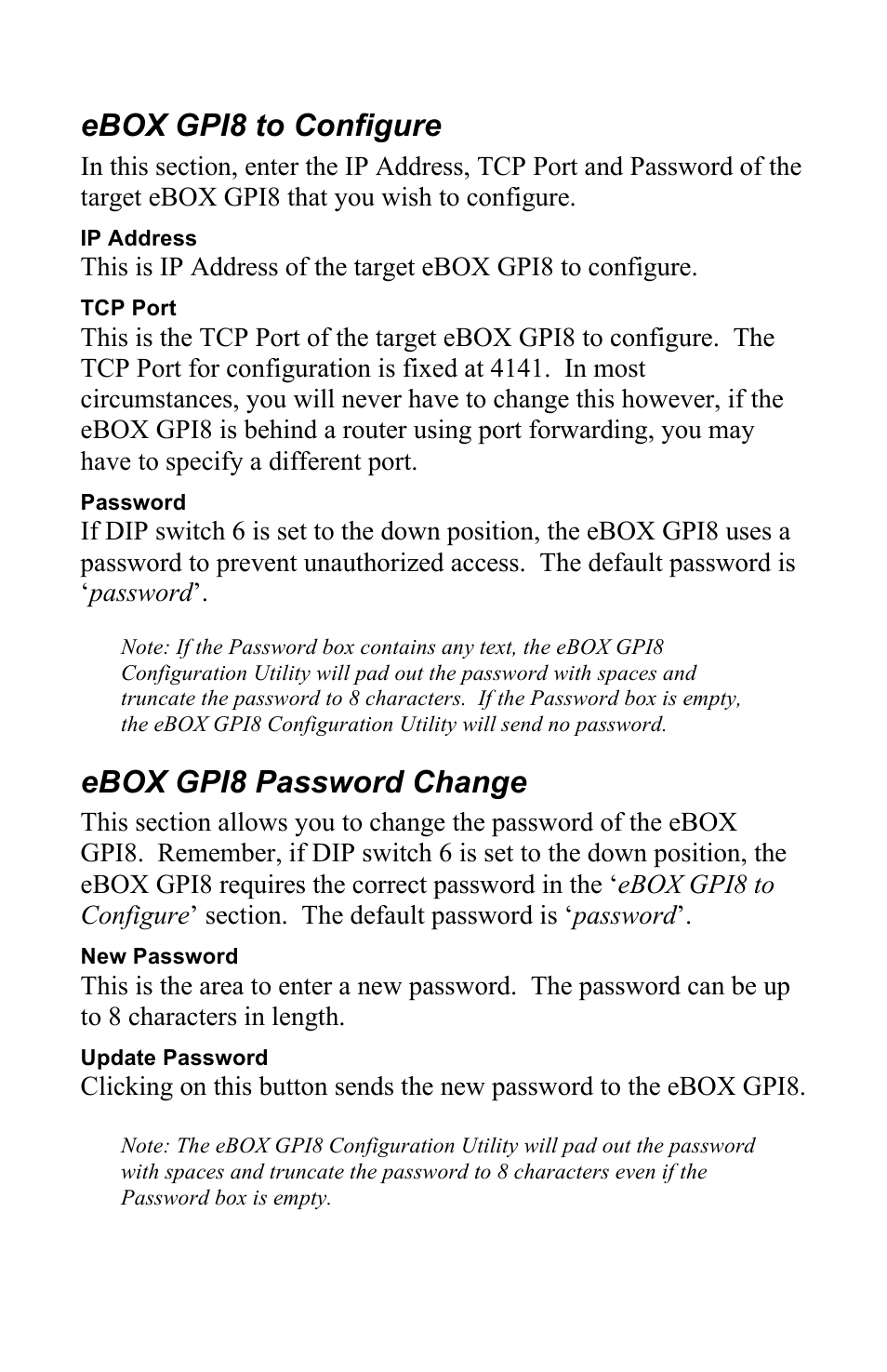 Ebox gpi8 to configure, Ebox gpi8 password change | JLCooper eBOX GPI8 User Manual | Page 13 / 55