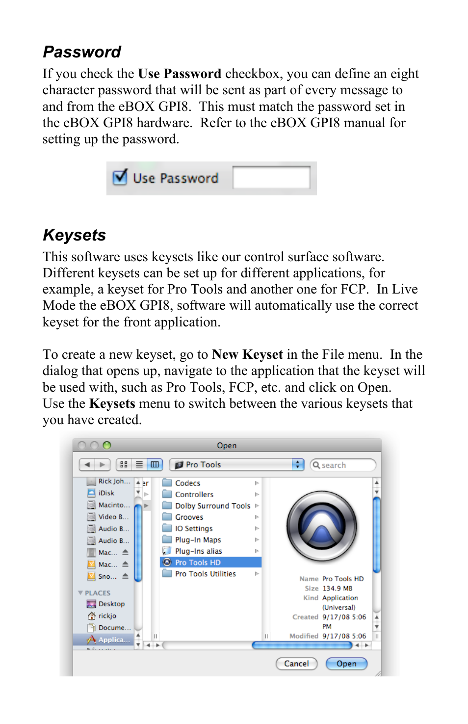 Password, Keysets | JLCooper eBOX GPI8 User Manual | Page 31 / 55