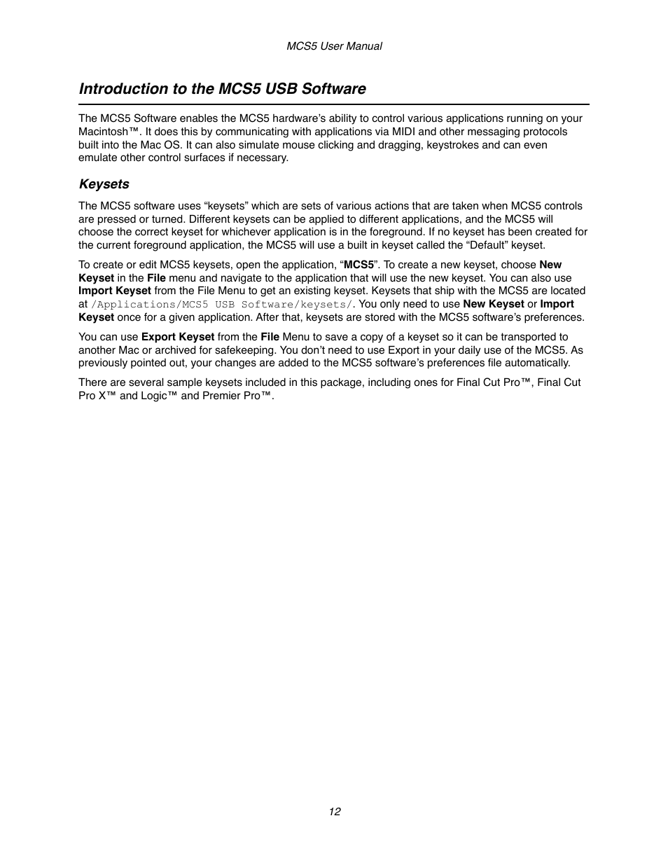 Introduction to the mcs5 usb software, Keysets | JLCooper MCS5 User Manual | Page 12 / 55