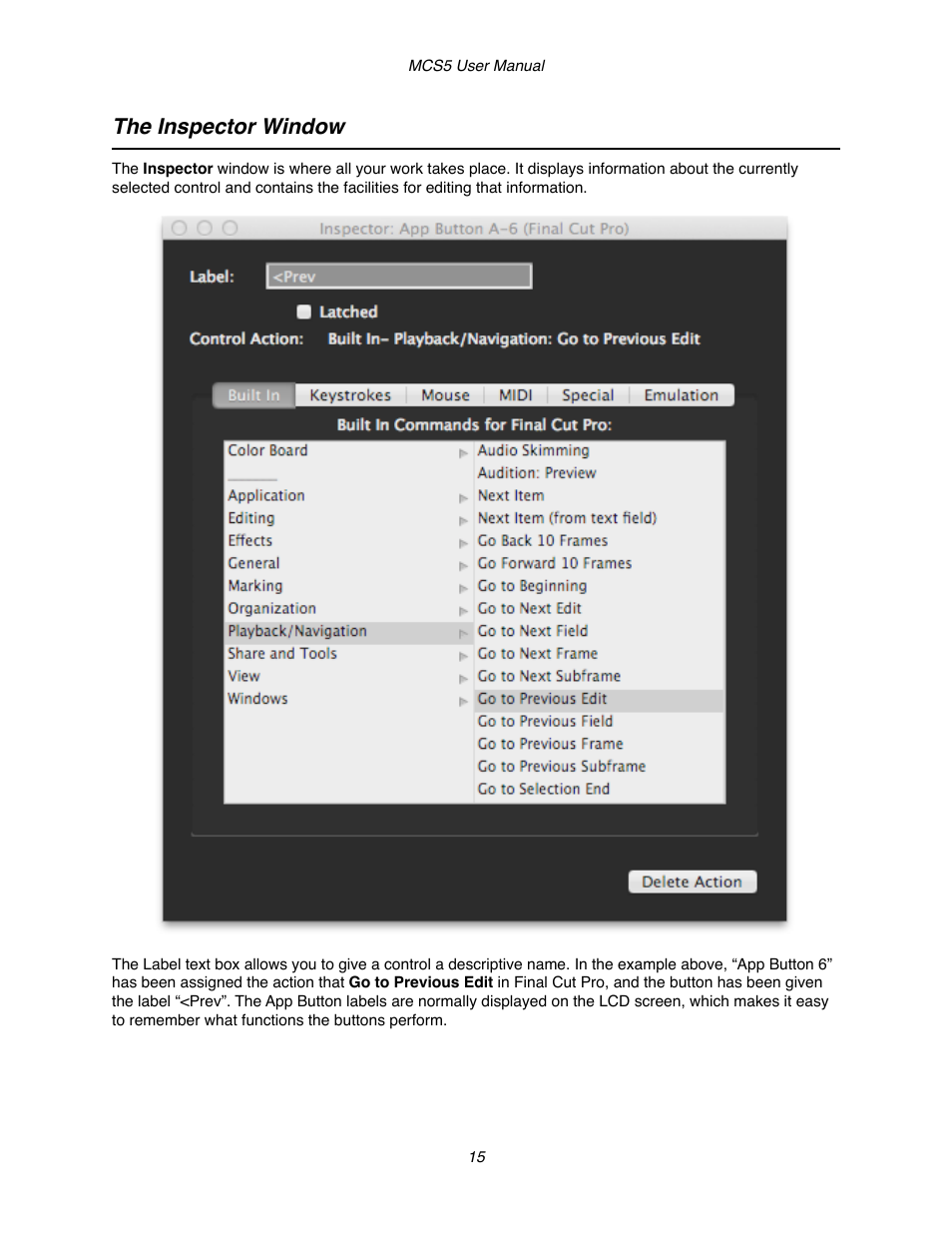 The inspector window | JLCooper MCS5 User Manual | Page 15 / 55