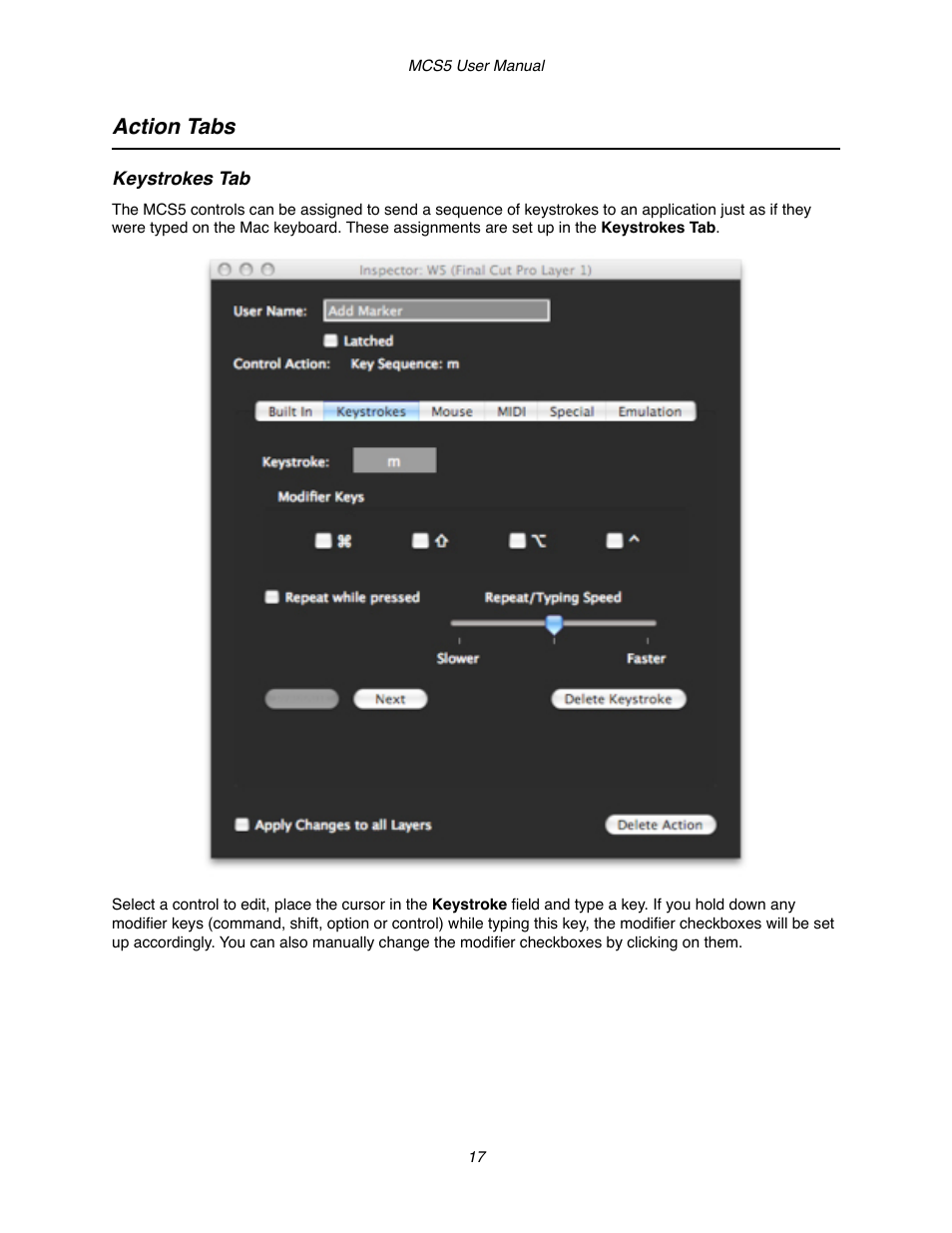 Action tabs, Keystrokes tab | JLCooper MCS5 User Manual | Page 17 / 55
