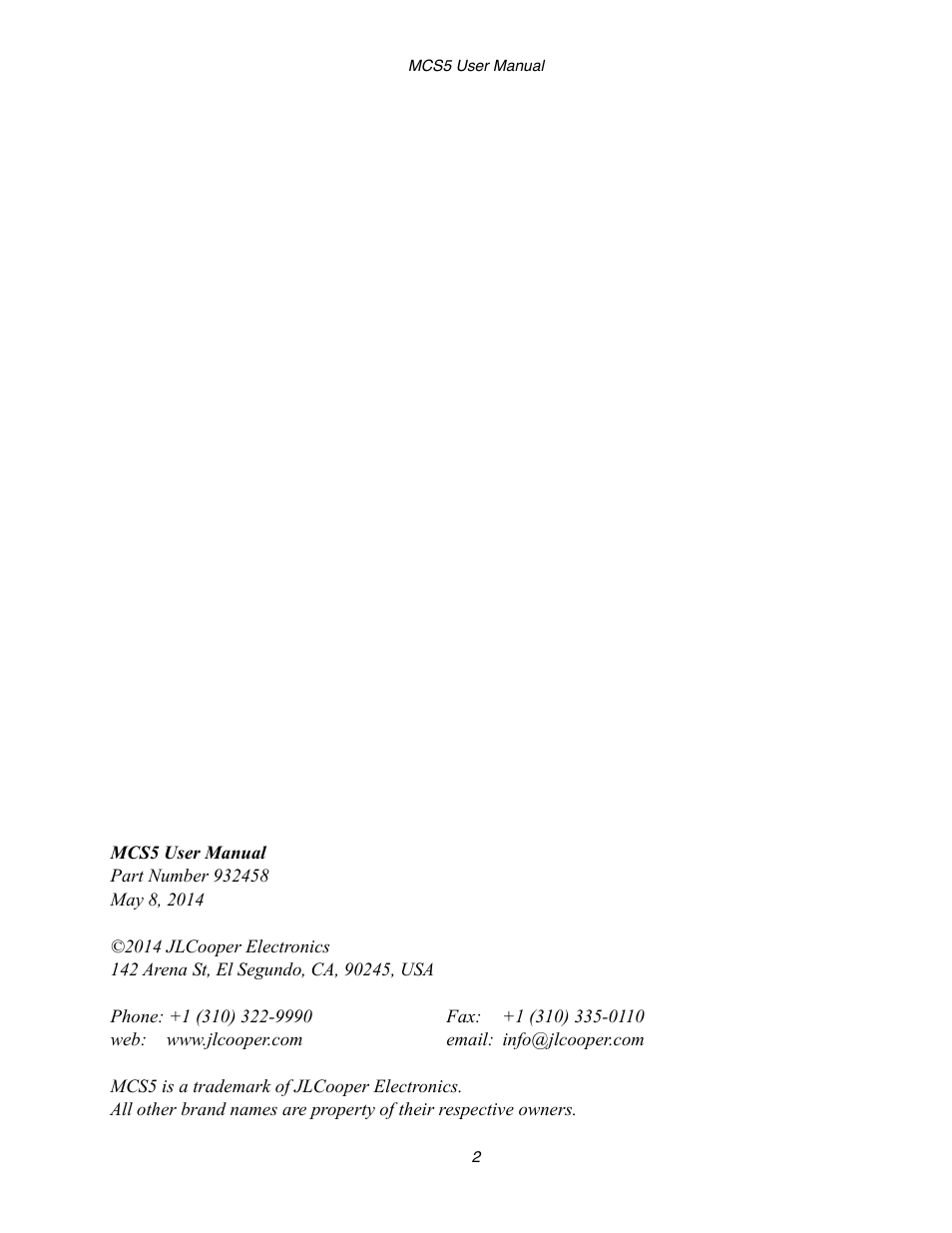 JLCooper MCS5 User Manual | Page 2 / 55