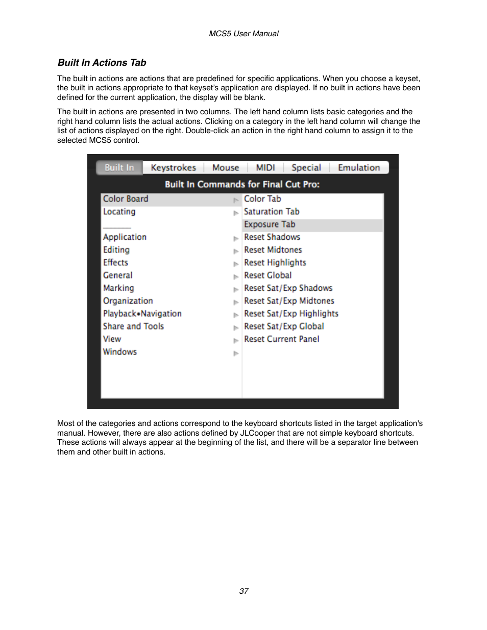 Built in actions tab | JLCooper MCS5 User Manual | Page 37 / 55